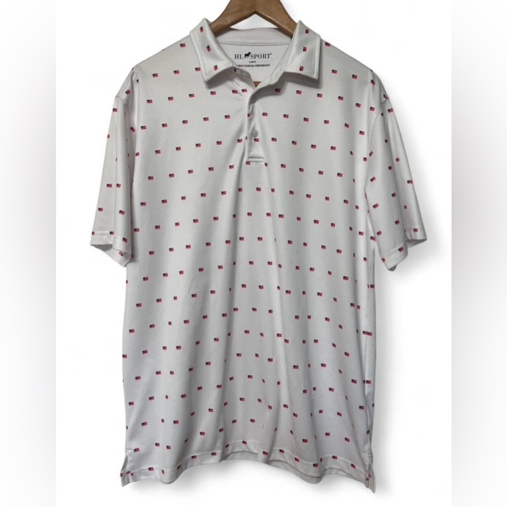 Men's HL Sport white polo golf shirt with red American Betsy Ross flag, Size L